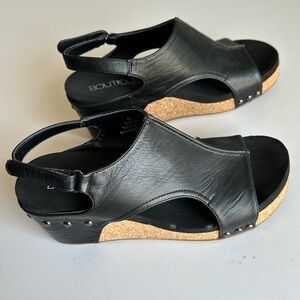 Corkys Carly Black Leather Slingback Cork Wedge Sandals